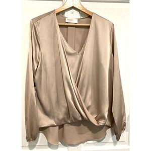 Renee C - Made in USA beige faux wrap satin V-neck blouse women's size large